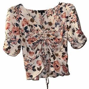 Milk & Honey Crop Top Blouse Boho Ruched Floral Sexy Milkmaid Coquette Women's M